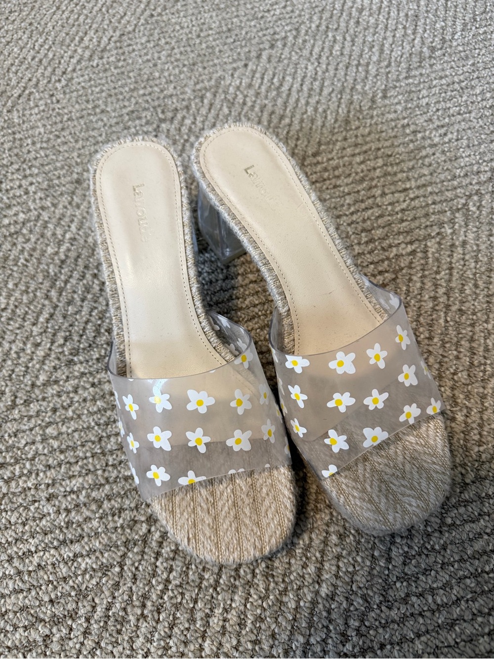 Larroude Clear Daisy Slide Mules in Beige and White